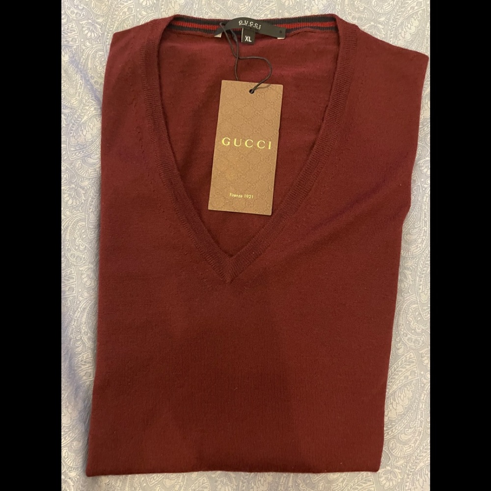 Gucci Men's V neck Wool Sweater Burgundy Size XL